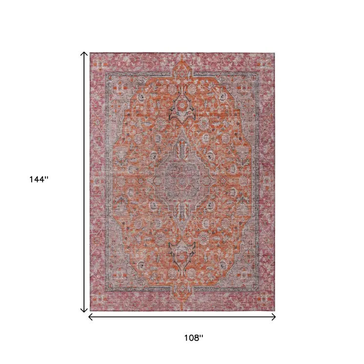 9' X 12' Orange And Red Medallion Washable Indoor Outdoor Area Rug
