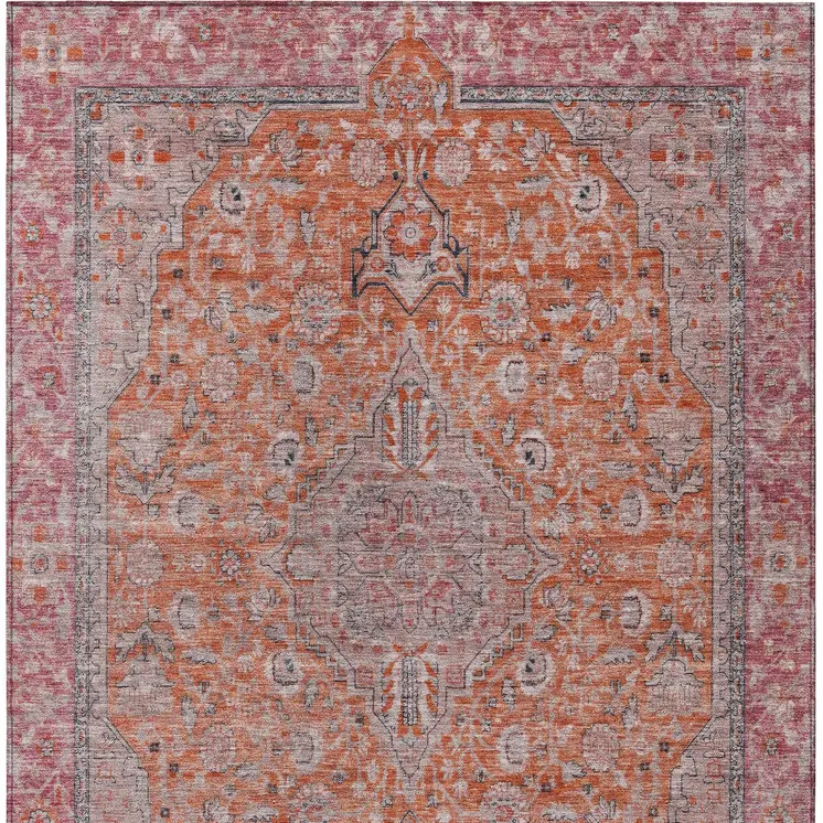 10' X 14' Orange And Red Medallion Washable Indoor Outdoor Area Rug