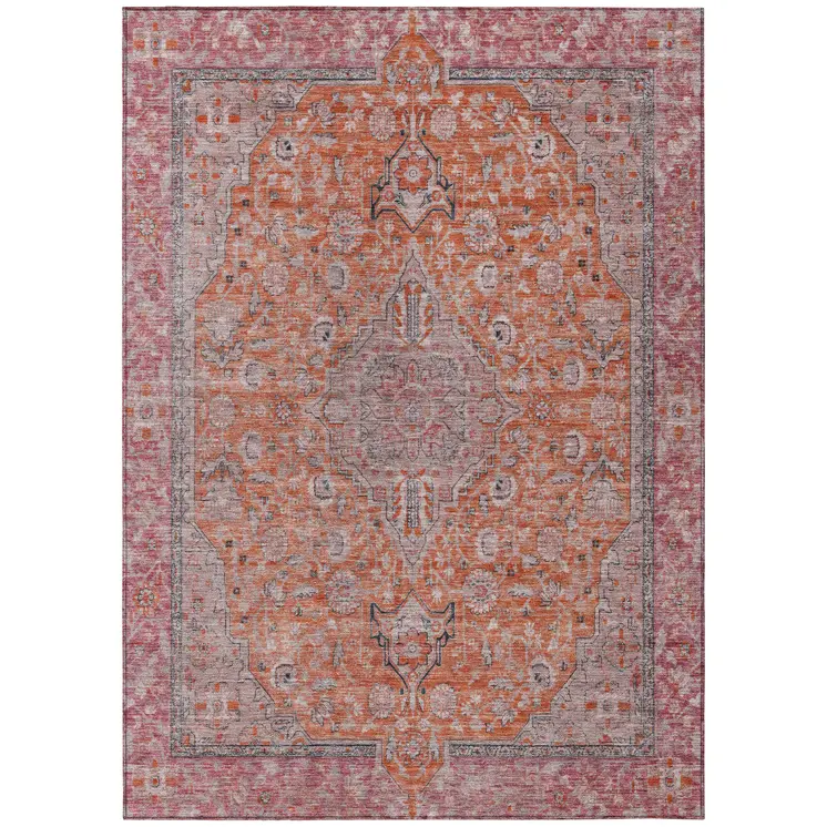 10' X 14' Orange And Red Medallion Washable Indoor Outdoor Area Rug