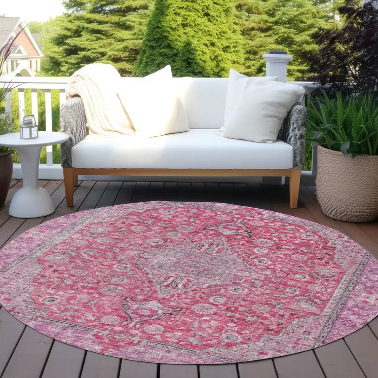 8' Pink And Lavender Round Medallion Washable Indoor Outdoor Area Rug
