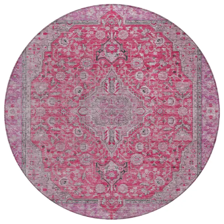 8' Pink And Lavender Round Medallion Washable Indoor Outdoor Area Rug