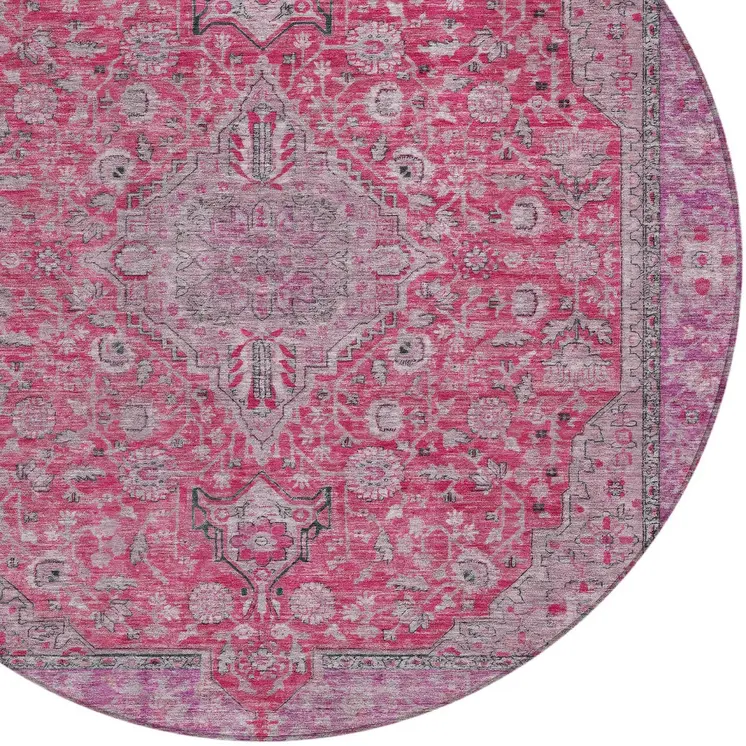 8' Pink And Lavender Round Medallion Washable Indoor Outdoor Area Rug