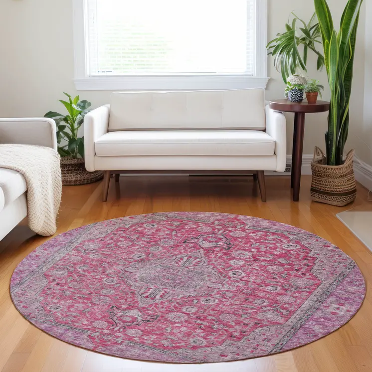 8' Pink And Lavender Round Medallion Washable Indoor Outdoor Area Rug