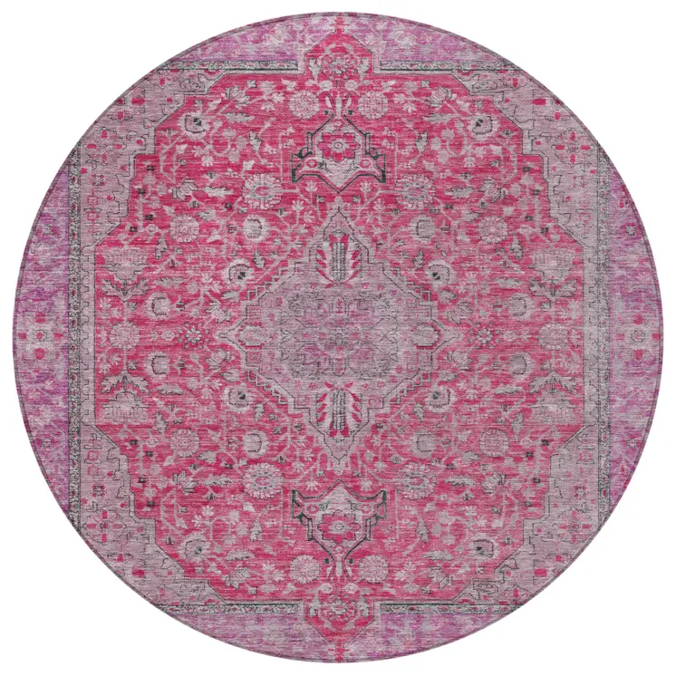 8' Pink And Lavender Round Medallion Washable Indoor Outdoor Area Rug