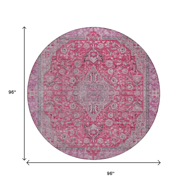 8' Pink And Lavender Round Medallion Washable Indoor Outdoor Area Rug