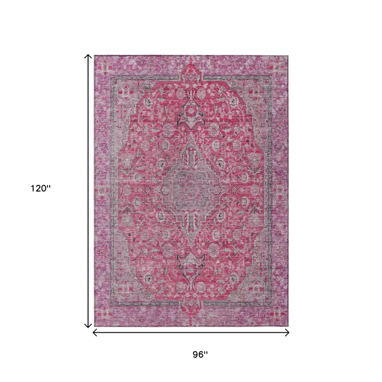 8' X 10' Pink And Lavender Medallion Washable Indoor Outdoor Area Rug