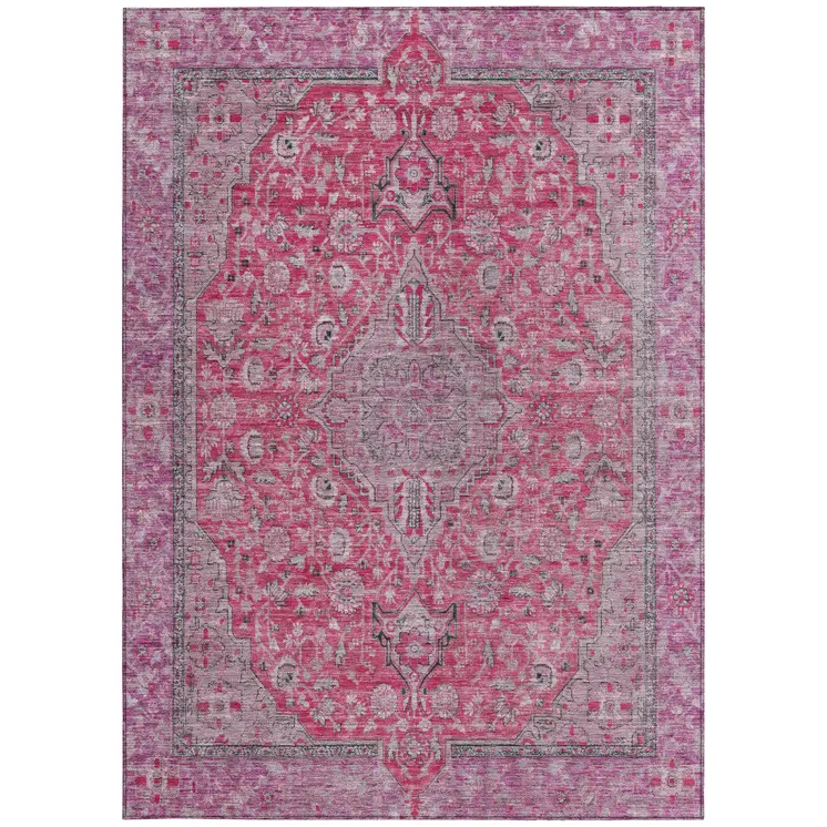 9' X 12' Pink And Lavender Medallion Washable Indoor Outdoor Area Rug