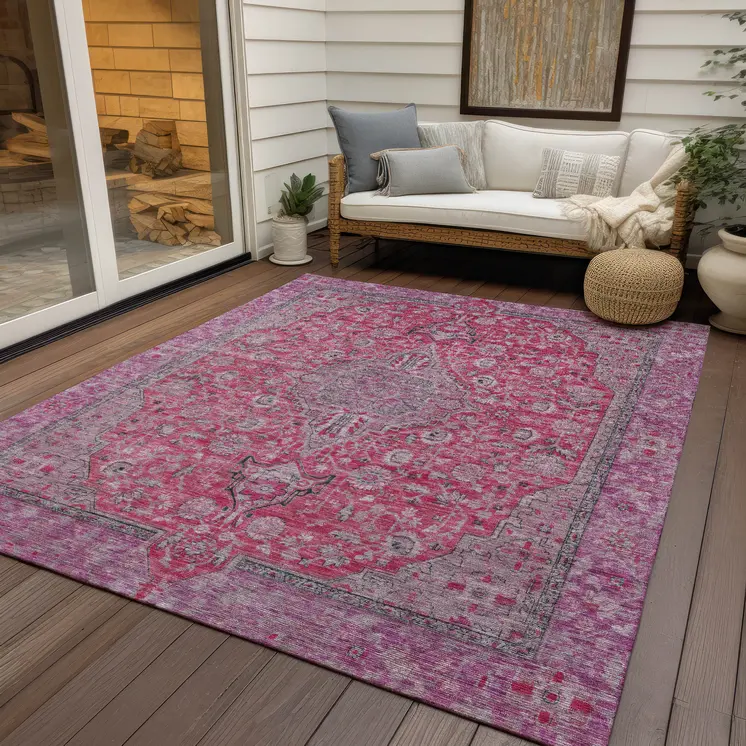 9' X 12' Pink And Lavender Medallion Washable Indoor Outdoor Area Rug