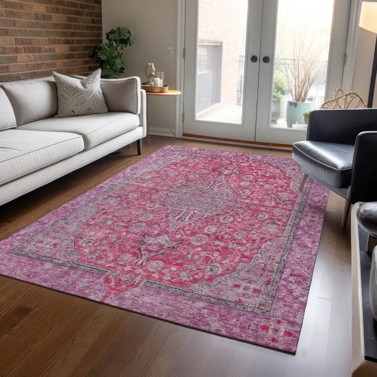 9' X 12' Pink And Lavender Medallion Washable Indoor Outdoor Area Rug