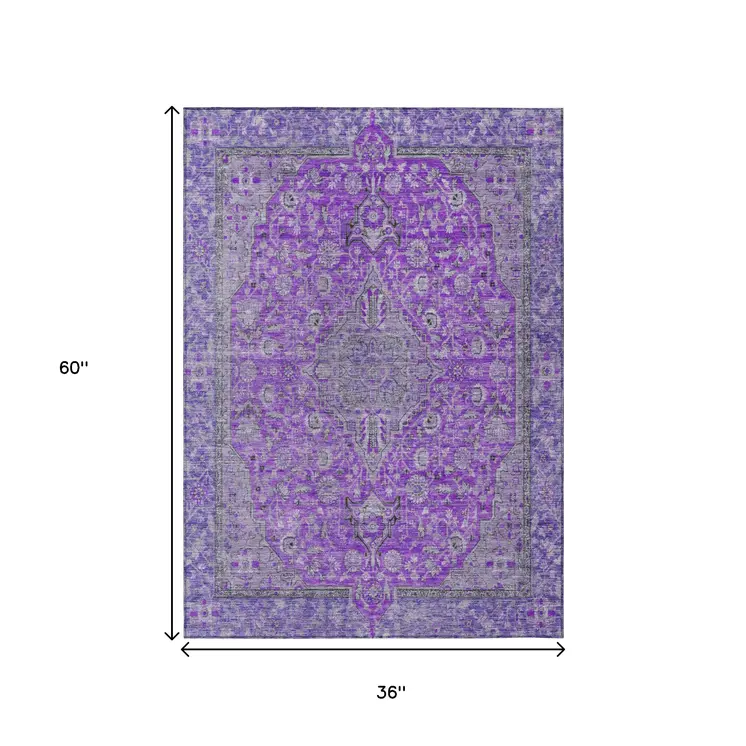 3' X 5' Purple And Gray Medallion Washable Indoor Outdoor Area Rug