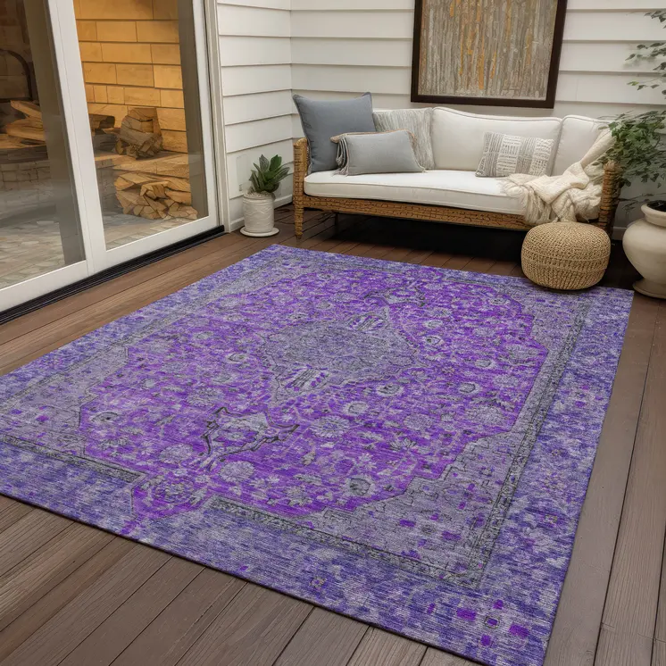 3' X 5' Purple And Gray Medallion Washable Indoor Outdoor Area Rug