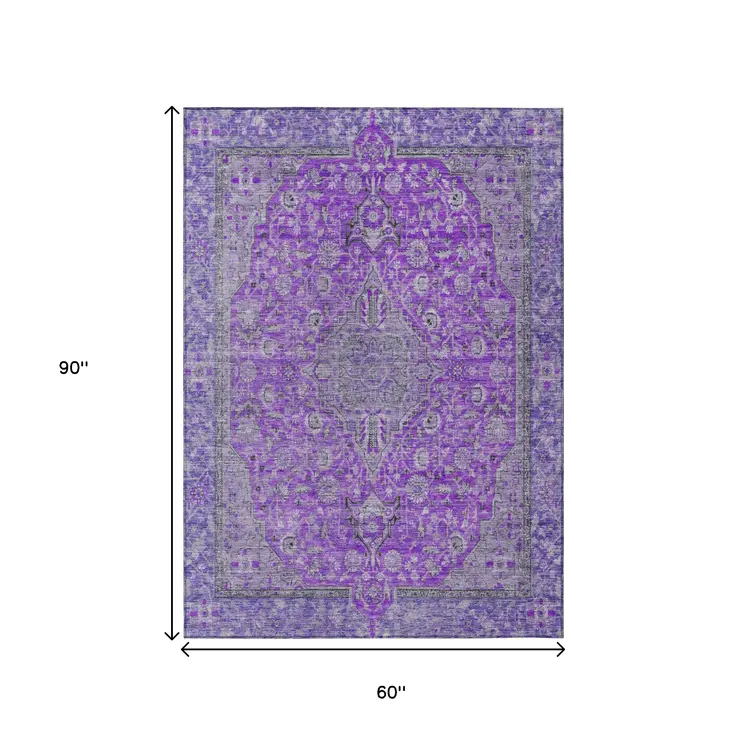 5' X 8' Purple And Gray Medallion Washable Indoor Outdoor Area Rug