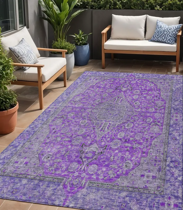 5' X 8' Purple And Gray Medallion Washable Indoor Outdoor Area Rug