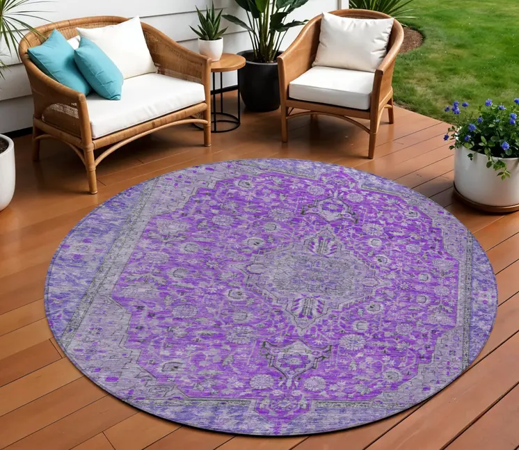 8' Purple And Gray Round Medallion Washable Indoor Outdoor Area Rug