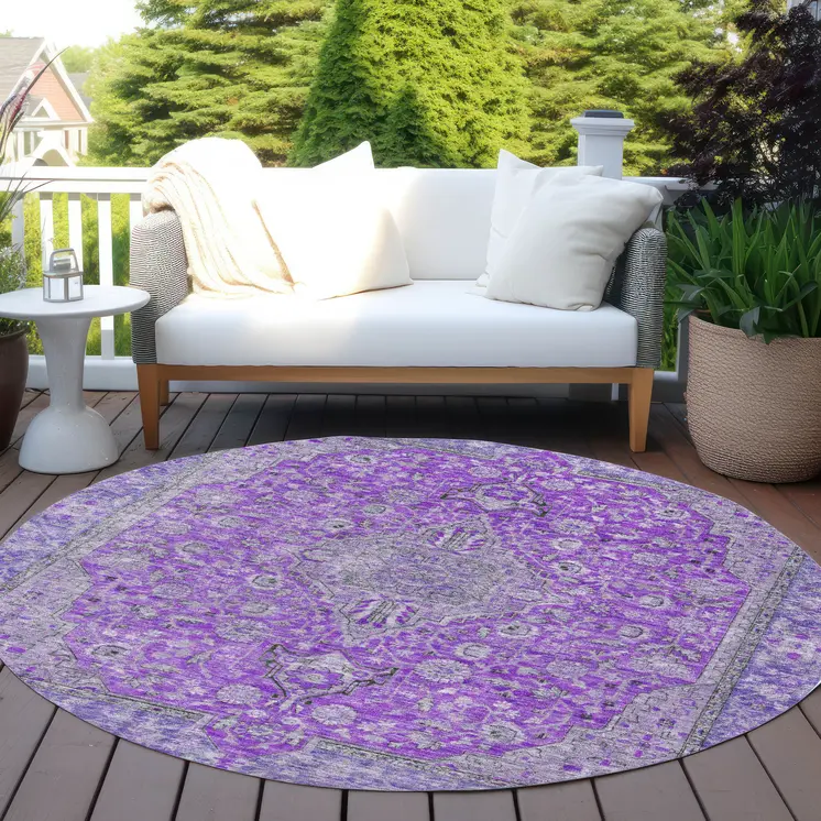 8' Purple And Gray Round Medallion Washable Indoor Outdoor Area Rug