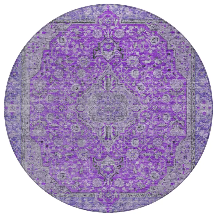 8' Purple And Gray Round Medallion Washable Indoor Outdoor Area Rug