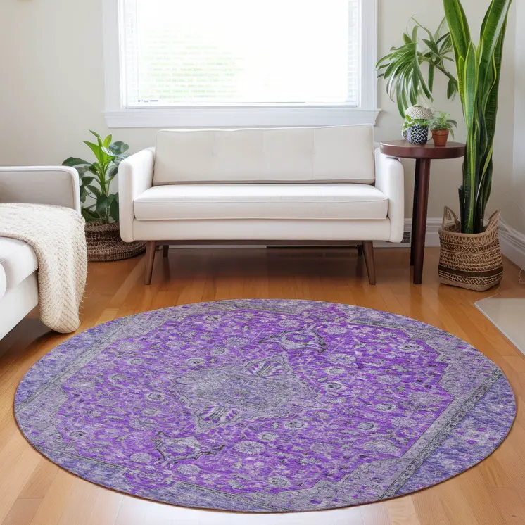 8' Purple And Gray Round Medallion Washable Indoor Outdoor Area Rug