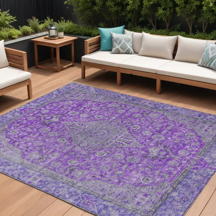 9' X 12' Purple And Gray Medallion Washable Indoor Outdoor Area Rug