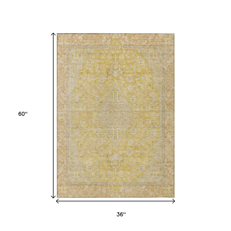 3' X 5' Wheat And Gold Medallion Washable Indoor Outdoor Area Rug
