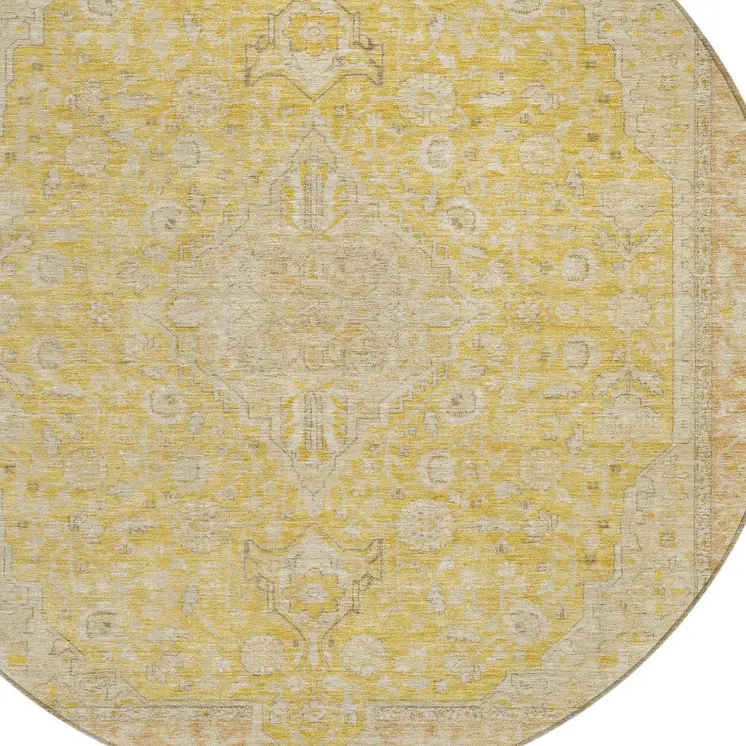 8' Wheat And Gold Round Medallion Washable Indoor Outdoor Area Rug