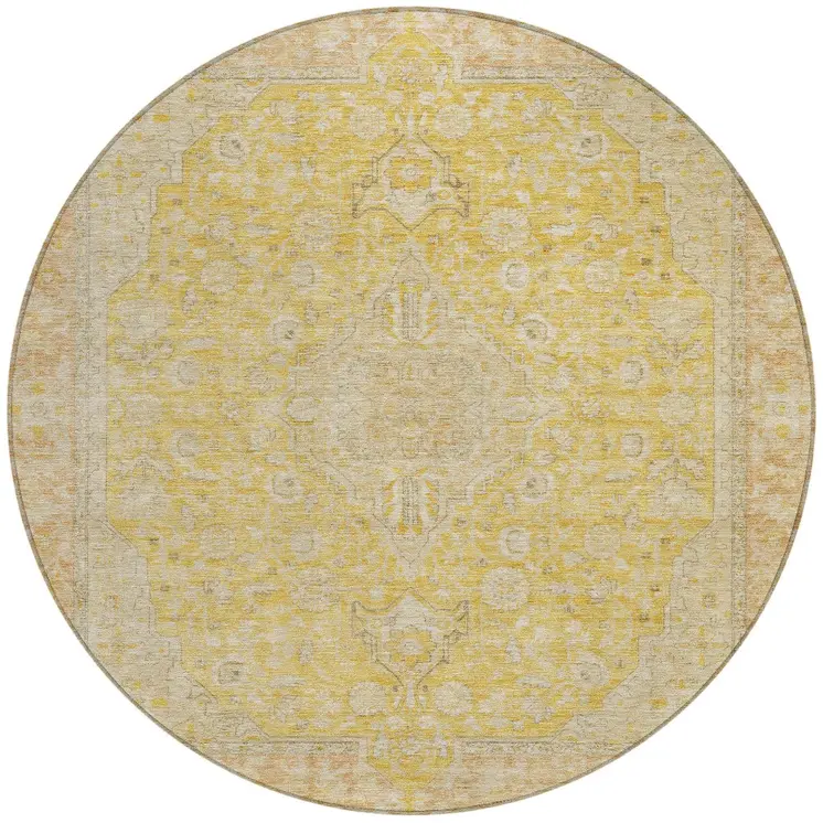 8' Wheat And Gold Round Medallion Washable Indoor Outdoor Area Rug