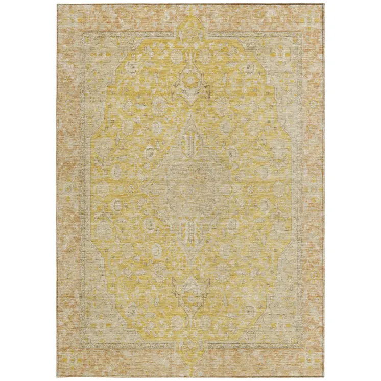 9' X 12' Wheat And Gold Medallion Washable Indoor Outdoor Area Rug