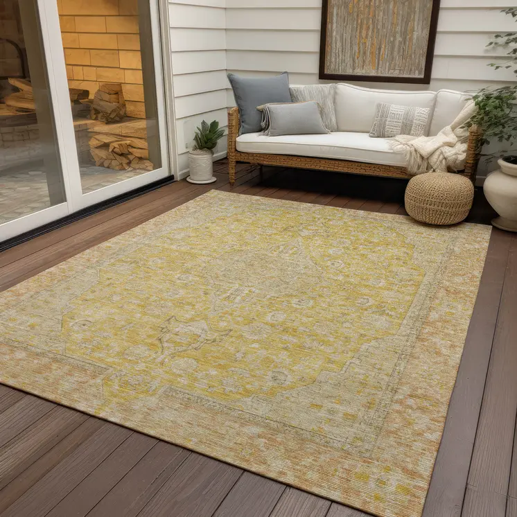 9' X 12' Wheat And Gold Medallion Washable Indoor Outdoor Area Rug