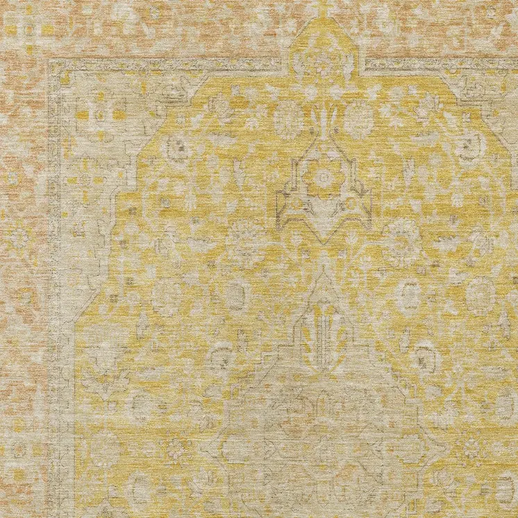9' X 12' Wheat And Gold Medallion Washable Indoor Outdoor Area Rug