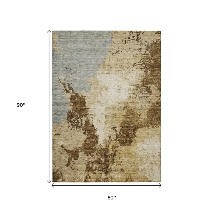5' X 8' Brown And Beige Abstract Washable Indoor Outdoor Area Rug
