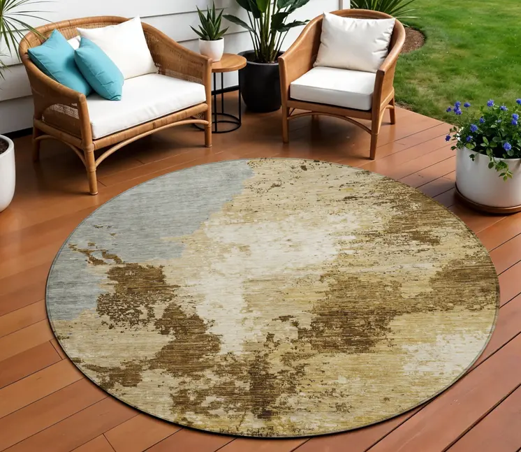 8' Brown And Beige Round Abstract Washable Indoor Outdoor Area Rug