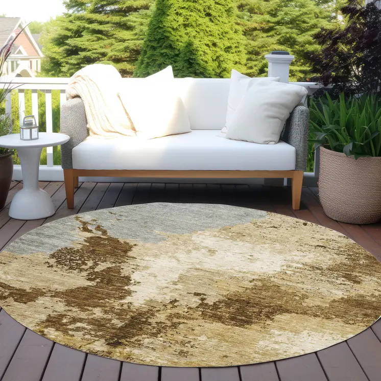 8' Brown And Beige Round Abstract Washable Indoor Outdoor Area Rug