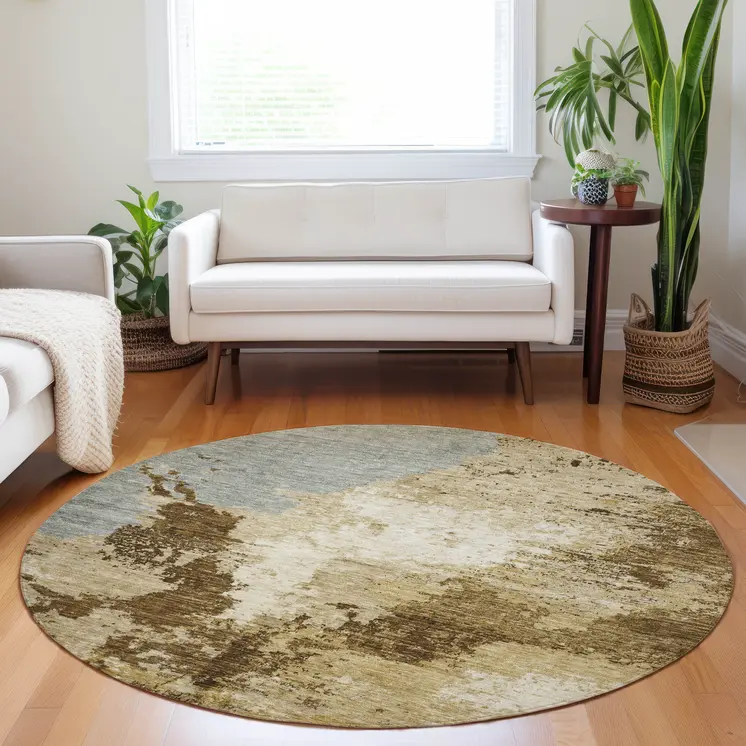 8' Brown And Beige Round Abstract Washable Indoor Outdoor Area Rug