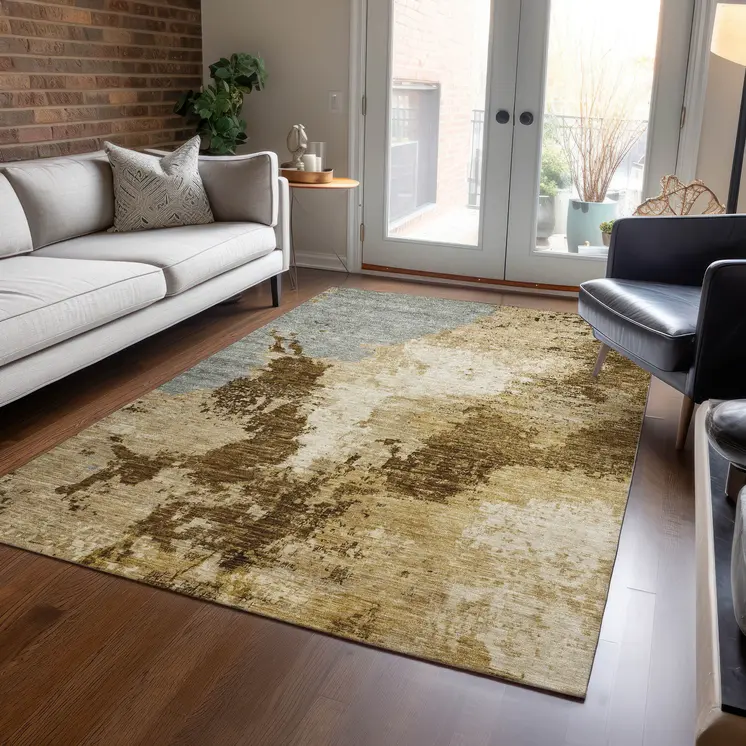 9' X 12' Brown And Beige Abstract Washable Indoor Outdoor Area Rug