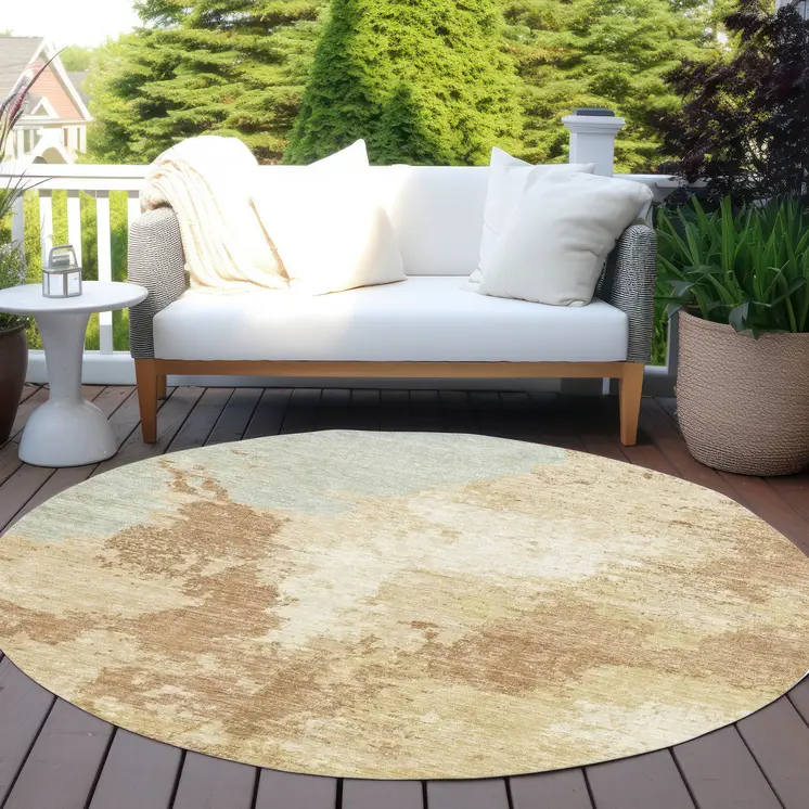 8' Coral And Ivory Round Abstract Washable Indoor Outdoor Area Rug