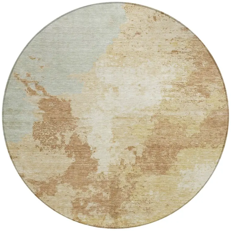 8' Coral And Ivory Round Abstract Washable Indoor Outdoor Area Rug