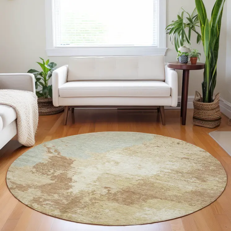 8' Coral And Ivory Round Abstract Washable Indoor Outdoor Area Rug