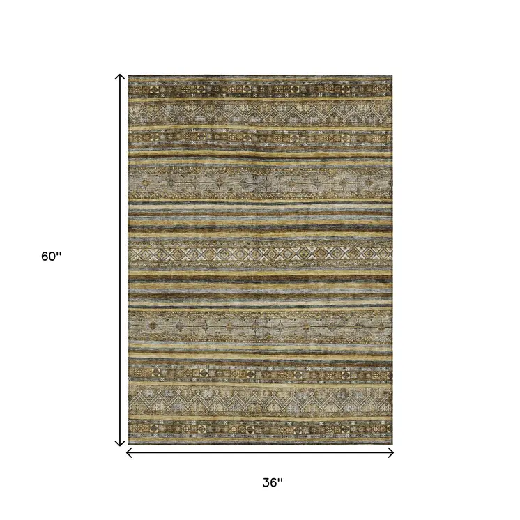 3' X 5' Brown And Gold Oriental Washable Indoor Outdoor Area Rug