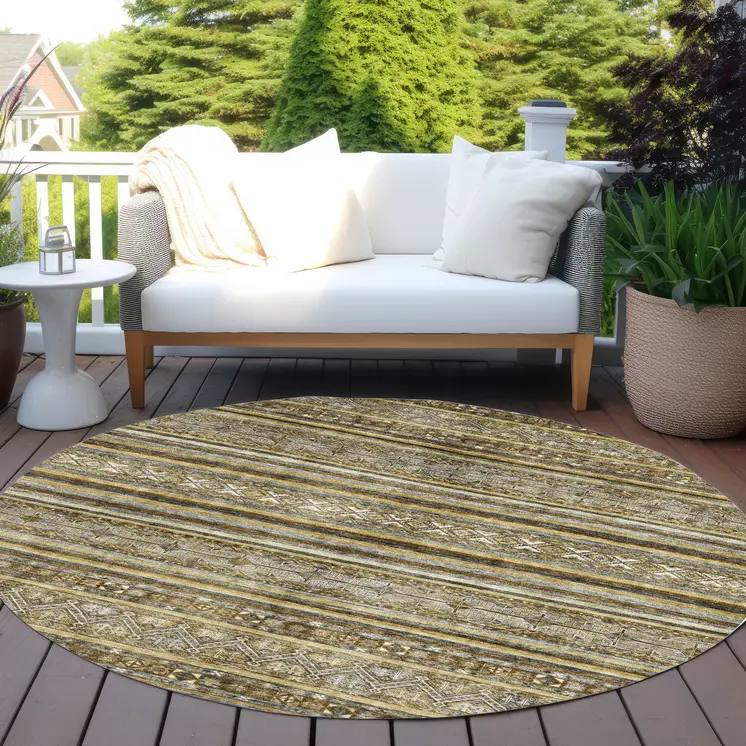 8' Brown And Gold Round Oriental Washable Indoor Outdoor Area Rug