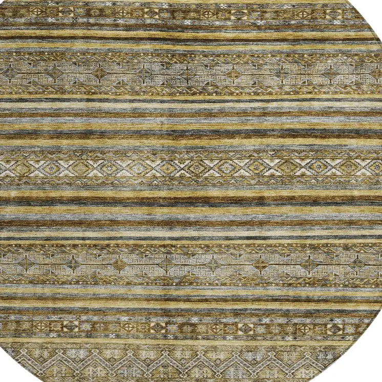8' Brown And Gold Round Oriental Washable Indoor Outdoor Area Rug