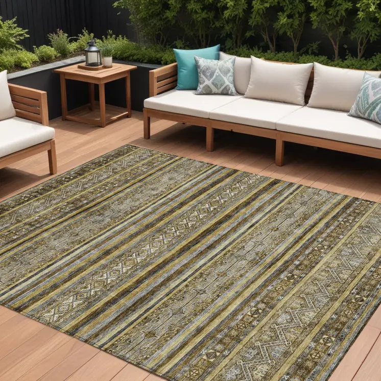 8' X 10' Brown And Gold Oriental Washable Indoor Outdoor Area Rug