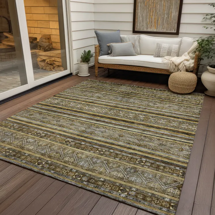 8' X 10' Brown And Gold Oriental Washable Indoor Outdoor Area Rug