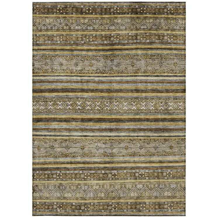 10' X 14' Brown And Gold Oriental Washable Indoor Outdoor Area Rug