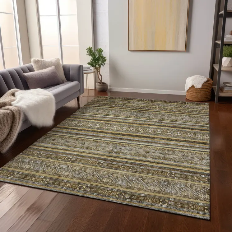 10' X 14' Brown And Gold Oriental Washable Indoor Outdoor Area Rug