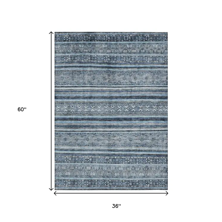 3' X 5' Blue And Gray Oriental Washable Indoor Outdoor Area Rug