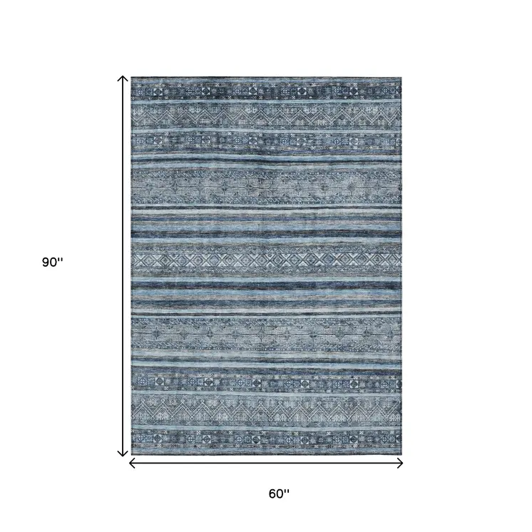 5' X 8' Blue And Gray Oriental Washable Indoor Outdoor Area Rug