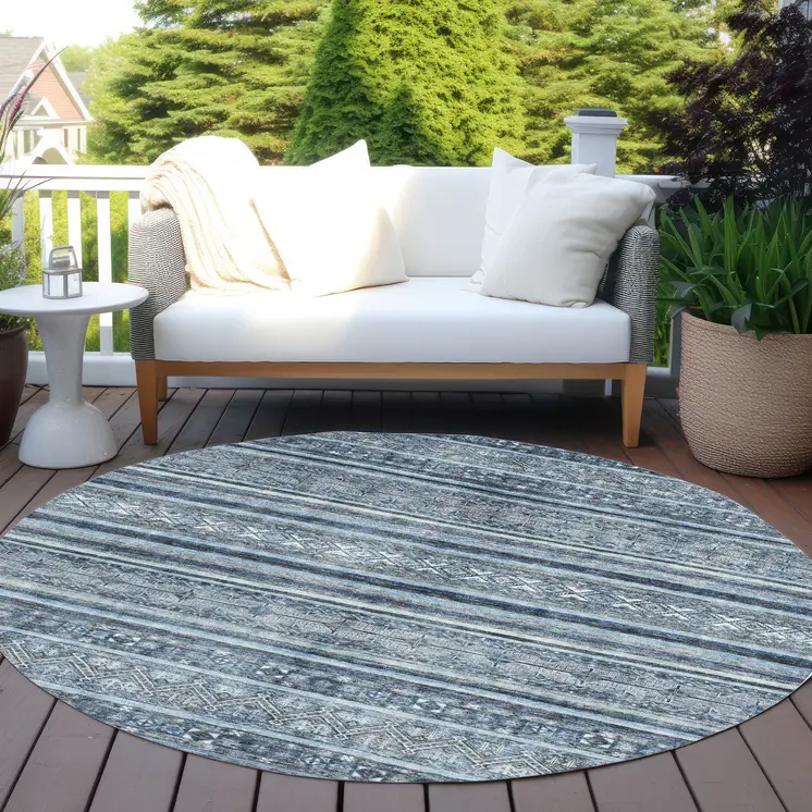 8' Blue And Gray Round Oriental Washable Indoor Outdoor Area Rug