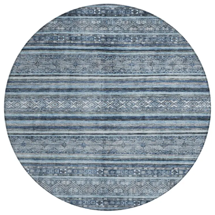 8' Blue And Gray Round Oriental Washable Indoor Outdoor Area Rug