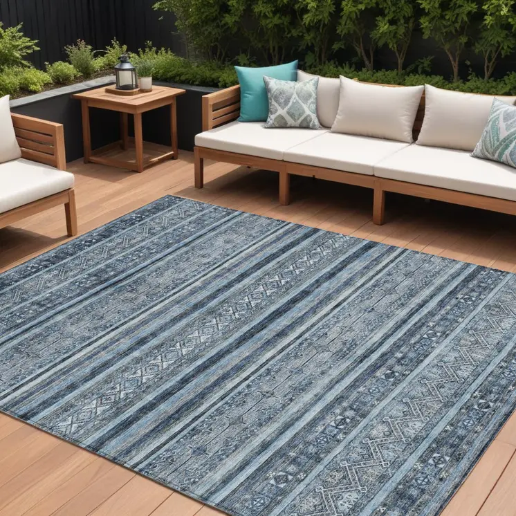 8' X 10' Blue And Gray Oriental Washable Indoor Outdoor Area Rug