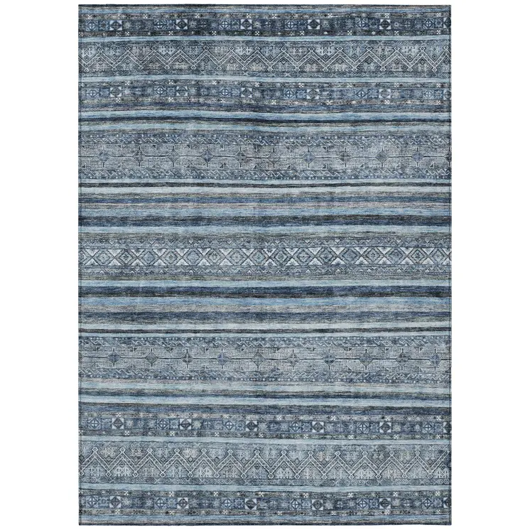8' X 10' Blue And Gray Oriental Washable Indoor Outdoor Area Rug