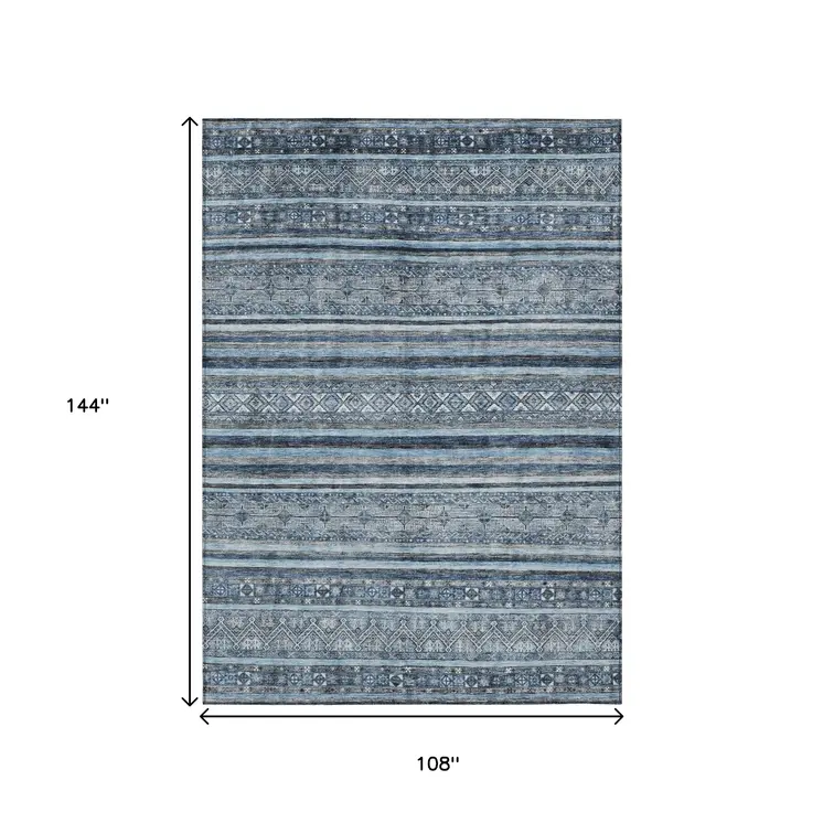 9' X 12' Blue And Gray Oriental Washable Indoor Outdoor Area Rug